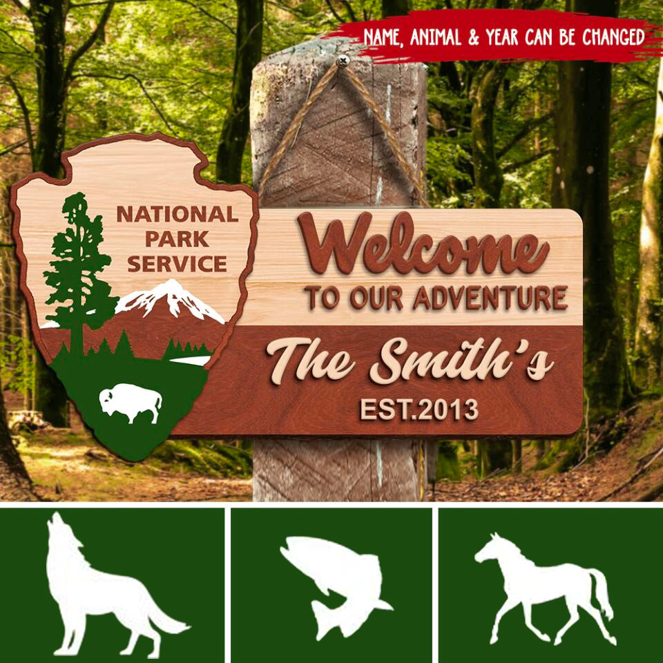Personalized Wooden Sign 2 Layer, Welcome To Our Adventure National Park