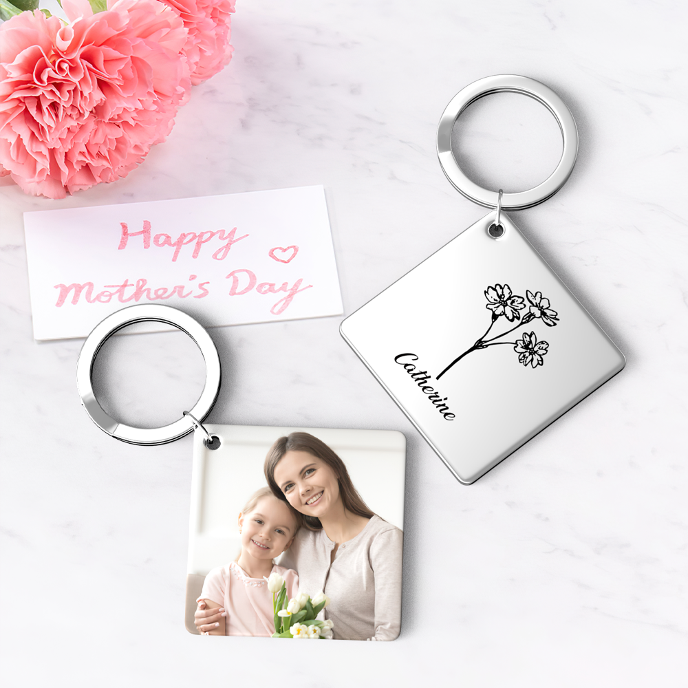 Mothers Day Gifts-Birthflower Keychain Personalized Bouquet Flower Key Ring