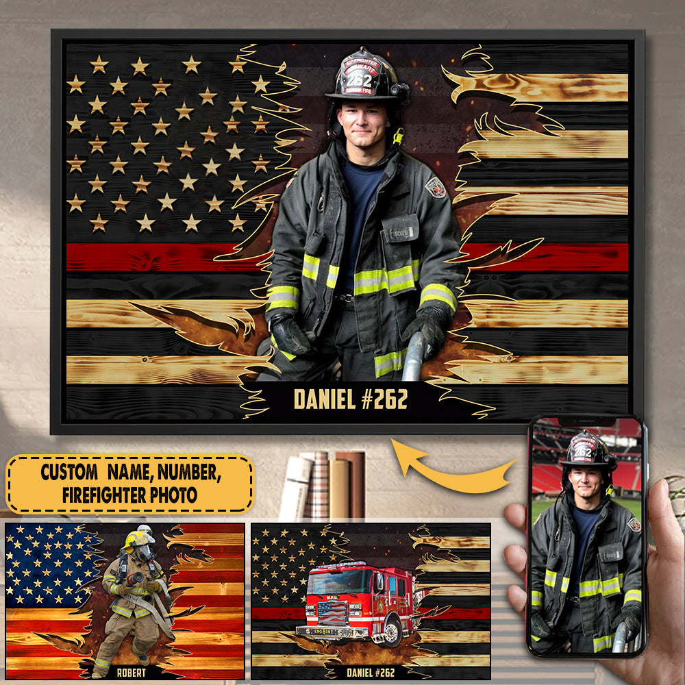 Personalized Poster Canvas For Firefighter Custom Name Number and Photo Fireman Half Thin Red Line Fireman