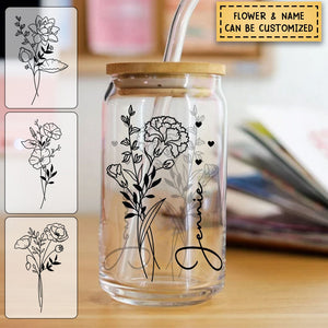 Flower Of The Month Personalized Glass Bottle Frosted Bottle Gift For Family, Friend Gift