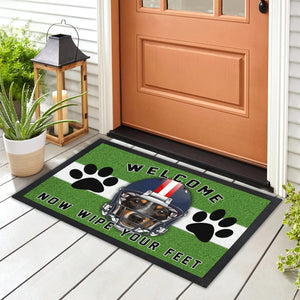 Personalized football doormat with your pup's face on a football helmet graphic