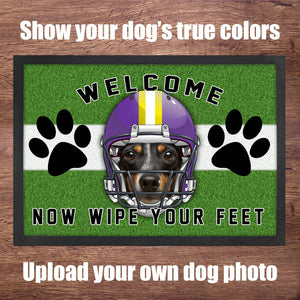 Personalized football doormat with your pup's face on a football helmet graphic