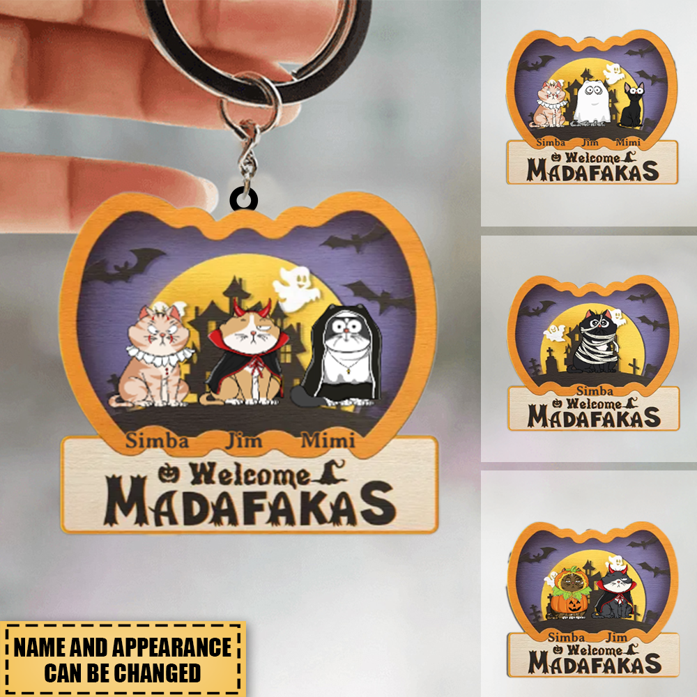 Personalized Custom wood Keychain - Halloween Cats Welcome Gift For Cat Lover