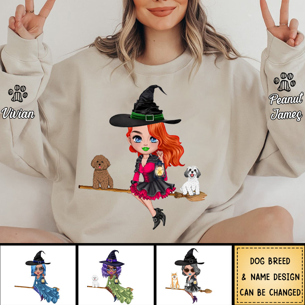 Witch Riding Broom Mystical Girl With CuteDog Puppy Pet Personalized Sweatshirt
