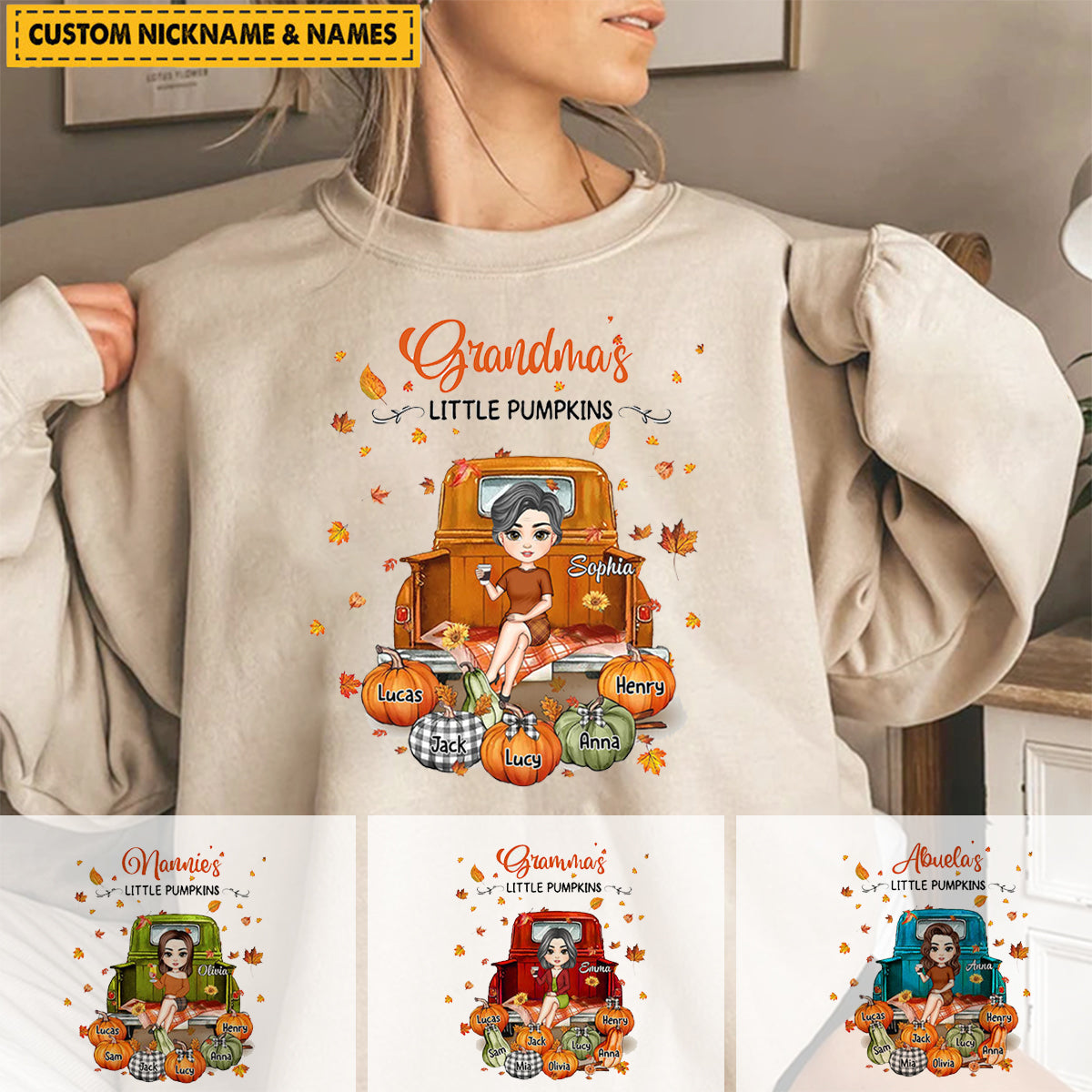Grandma Sitting On Car With Little Pumpkins Personalized Shirt