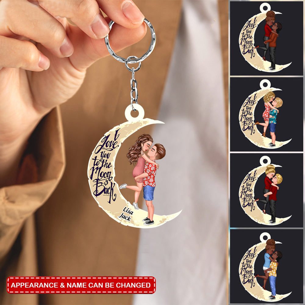 Personalized Sweet Couple Kissing & Hugging On The Moon I Love You To The Moon & Back Keychain