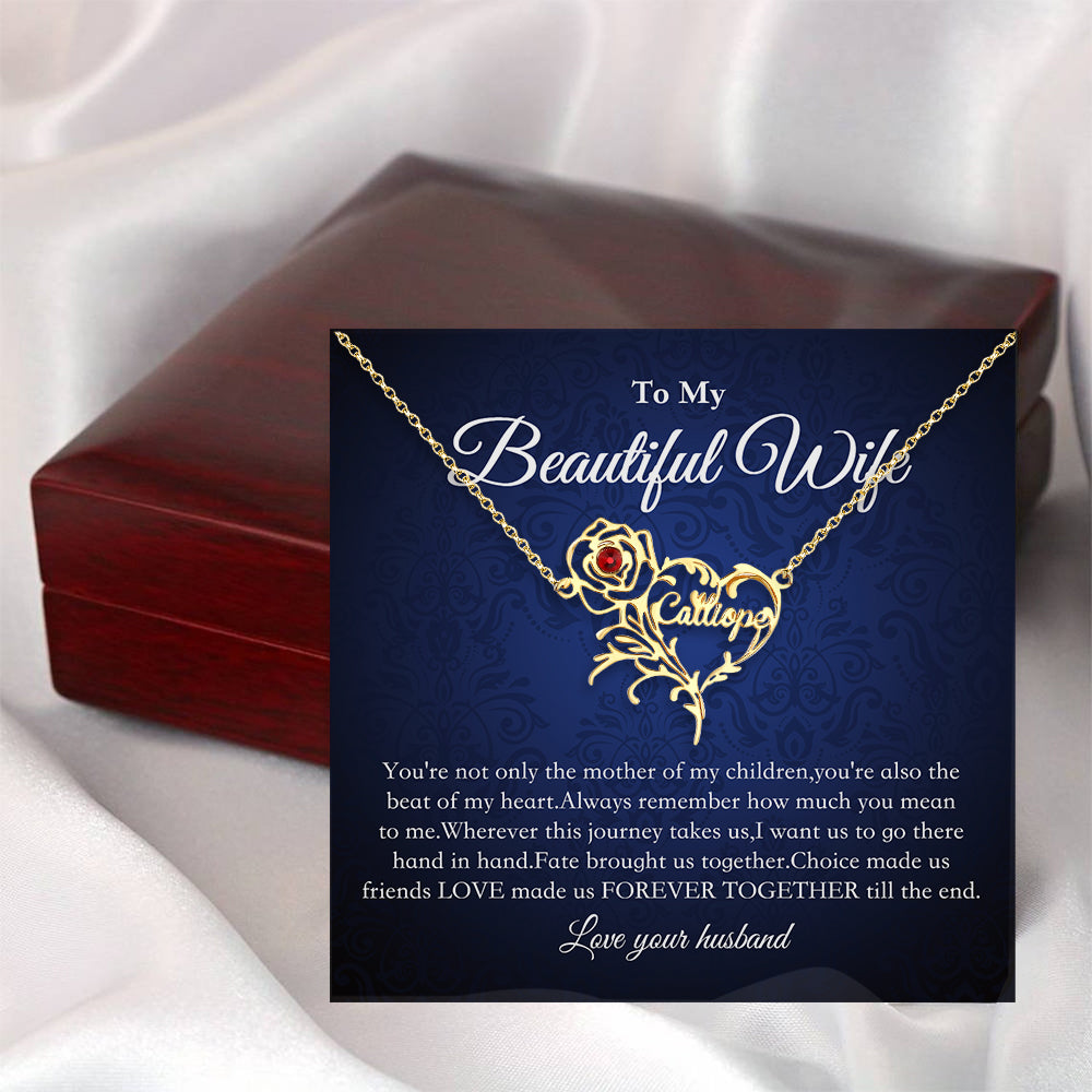 To My Beautiful Wife-Personalized Name Birthstone Rose Heart Shape Necklace