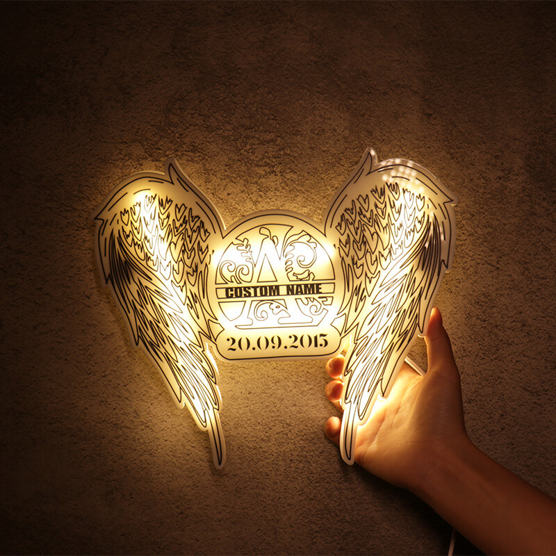 Customized Angel Wings Name Date LED Light