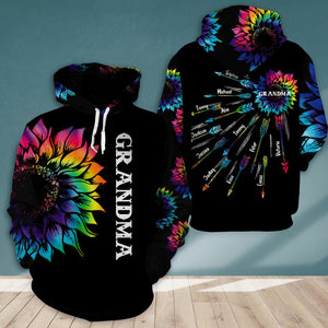 Personalized Grandma with Kid Name Tie Dye Sunflower Hoodie