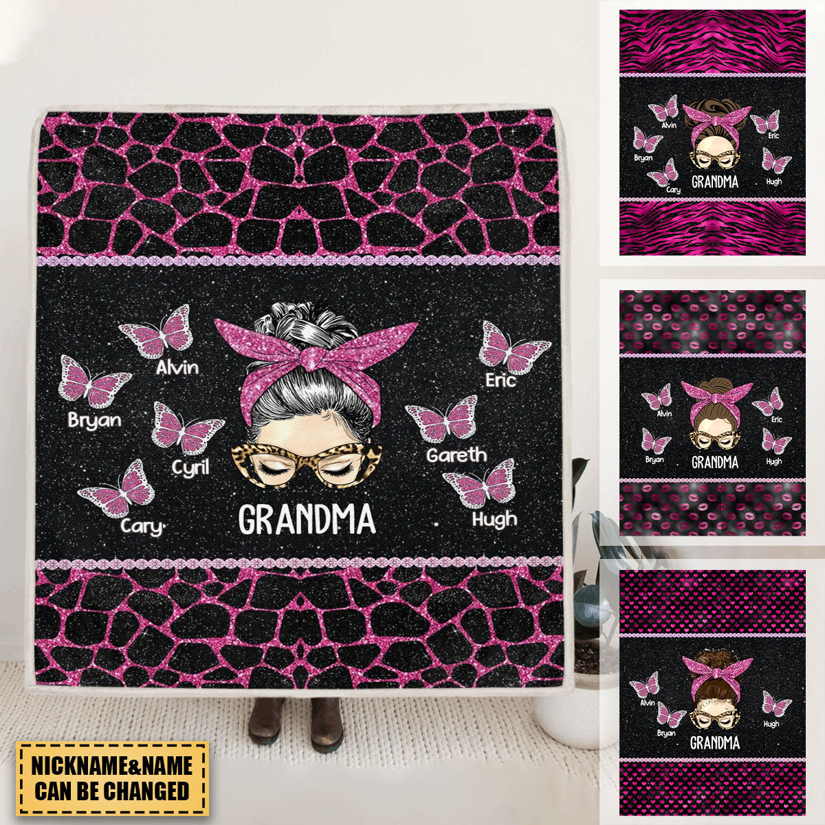 Personalized Grandma Butterflies with Kid Name Quilt Blanket Printed