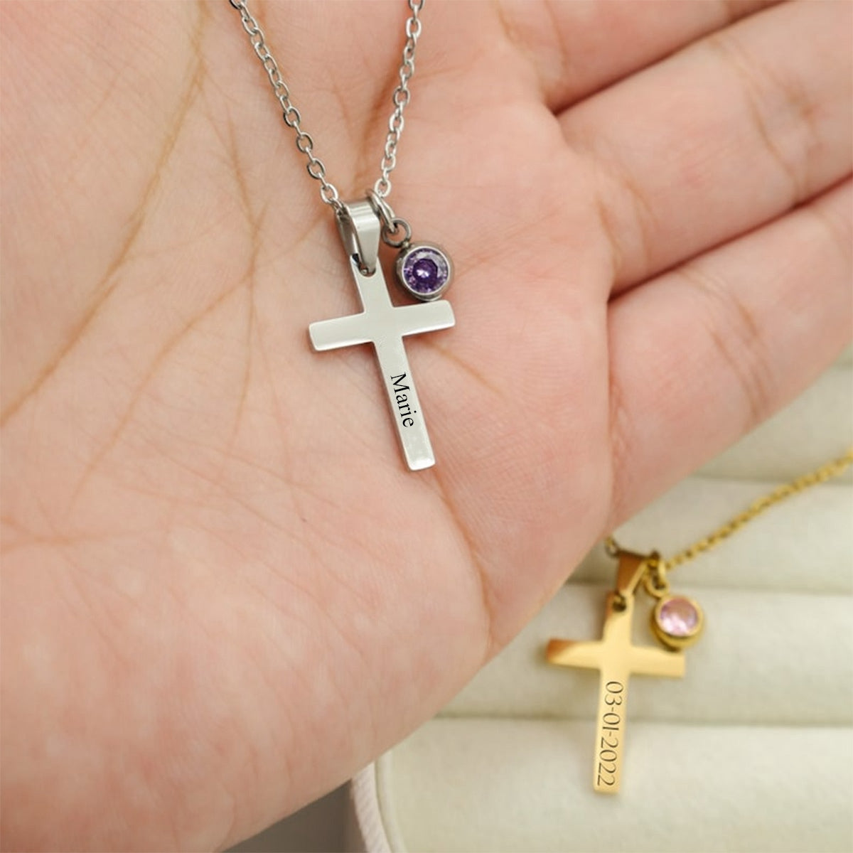 Personalized cross necklace with birthstone, confirmation gift for her