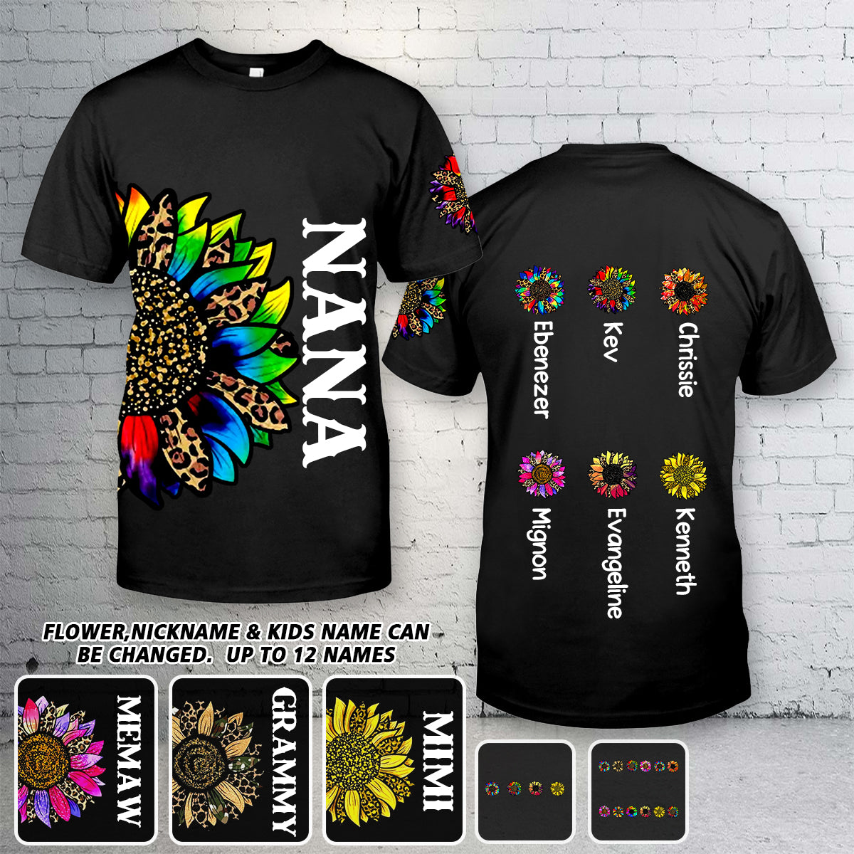 Personalized Colorful Grandma & Flowers with Kid's Name T-shirt