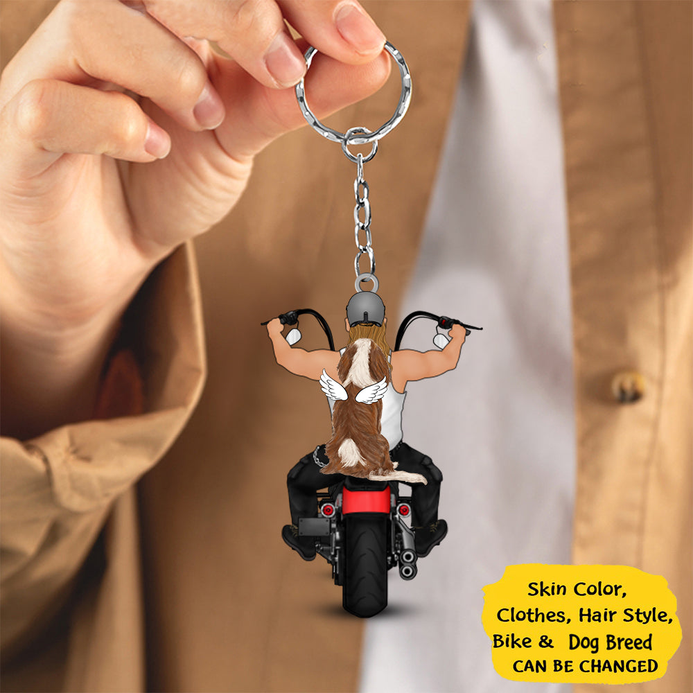 Personalized Motorcycle Man with Dog Keychain, Dog Dad, Custom Gift For Bikers and Dog Lovers