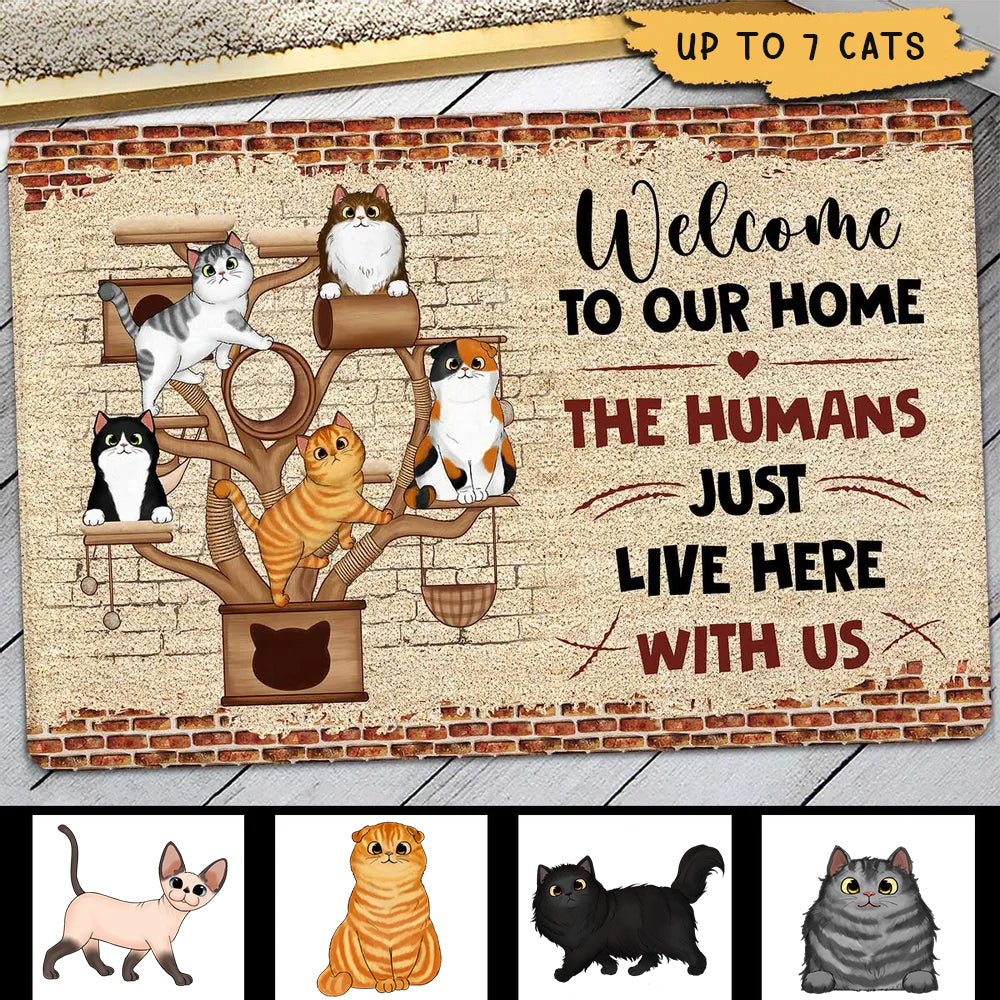 Cat Tower The Humans Just Live Here With Us Personalized Doormat