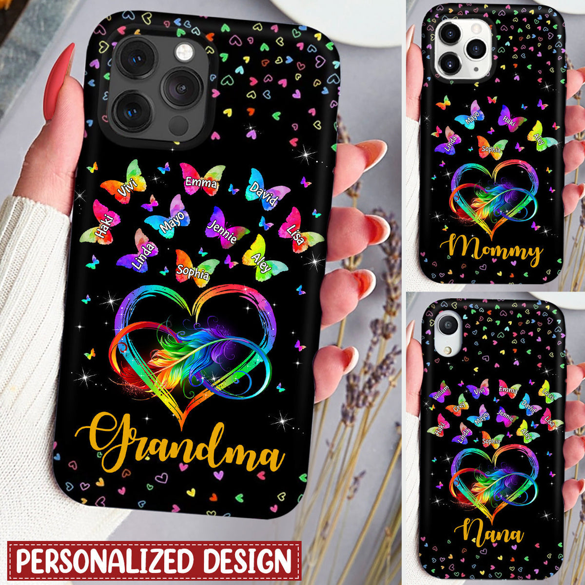 Personalized Colorful Rainbow Heart Infinity Grandma Mom Butterfly Kids Phone Case