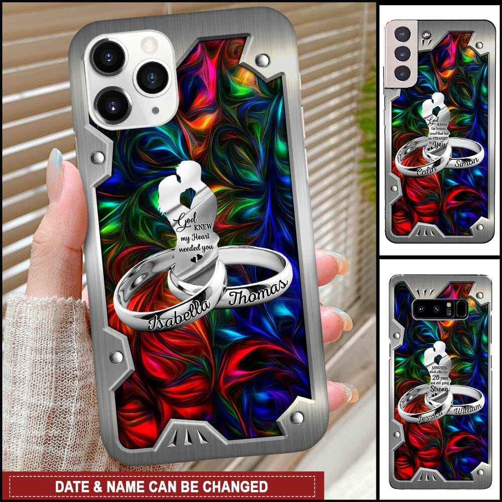 Personalized Couple Rings Husband Wife Wedding Gift Metal Pattern Glass Phone Case