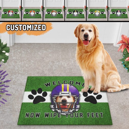 Personalized football doormat with your pup's face on a football helmet graphic