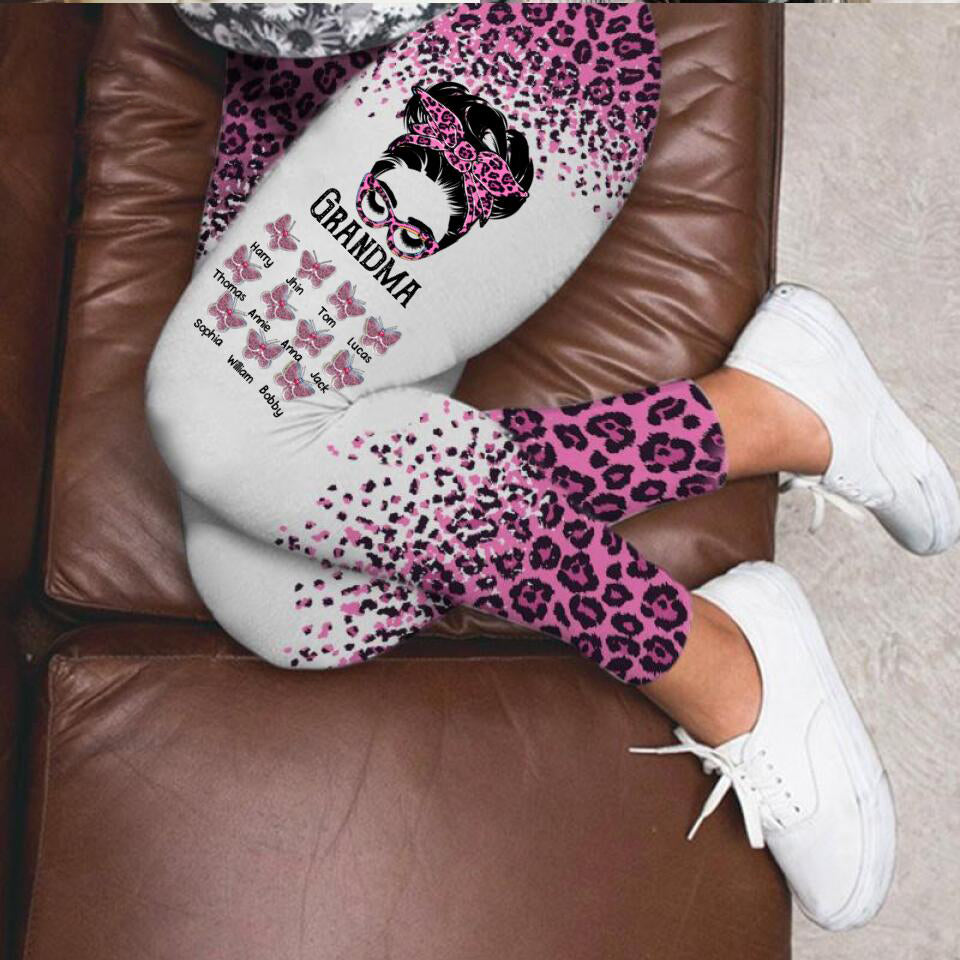 Personalized Leopard Messy Bun Grandma with Butterfly Grandkids Leggings