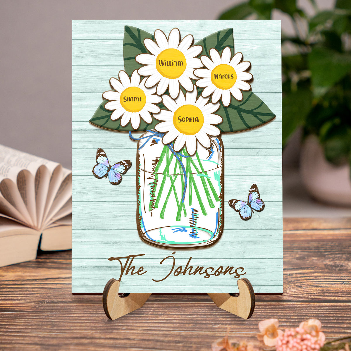 Personalized Grandma/Mom Daisies In Jar 2 Layers Wooden Plaque With Stand