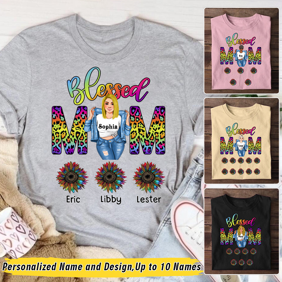 Personalized Blessed Mom Leopard Pattern Flower Kids Design T-Shirt