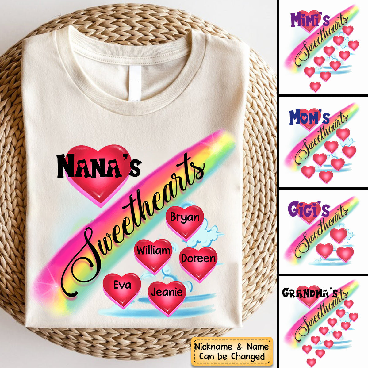 Personalized Grandma's Sweethearts Rainbow Heart Pure Cotton T-Shirt
