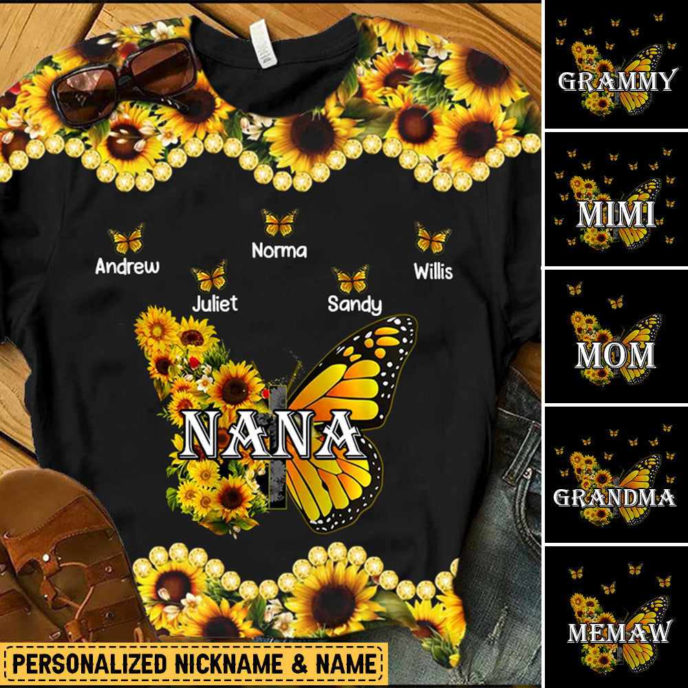 Personalized Sunflower Butterfly Grandma/Mom Kids T-Shirt