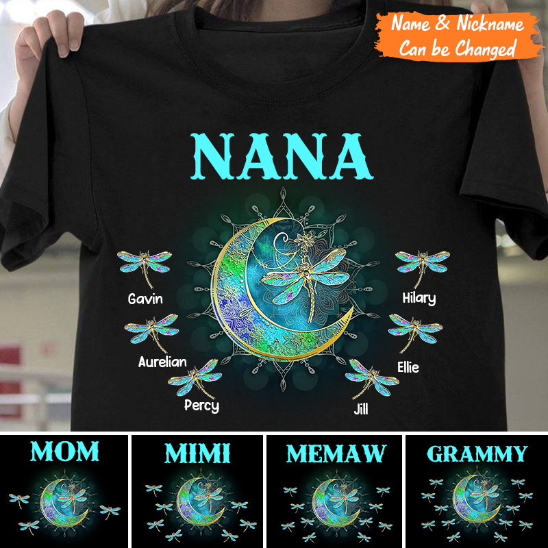 Personalized Grandma/Mom Kids Dragonfly Moon T-shirt