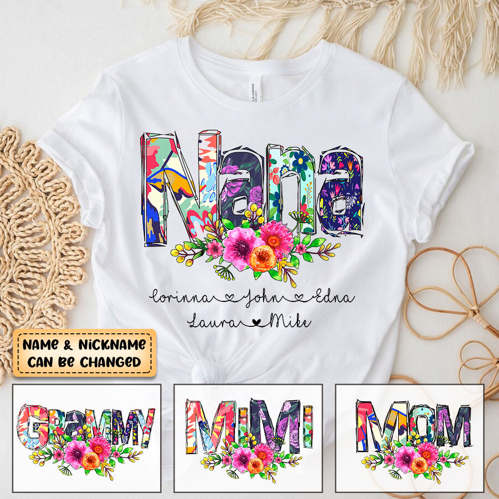 Personalzied Grandma with Flowers And Kids T-shirt