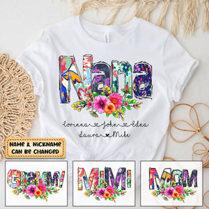 Personalzied Grandma with Flowers And Kids T-shirt