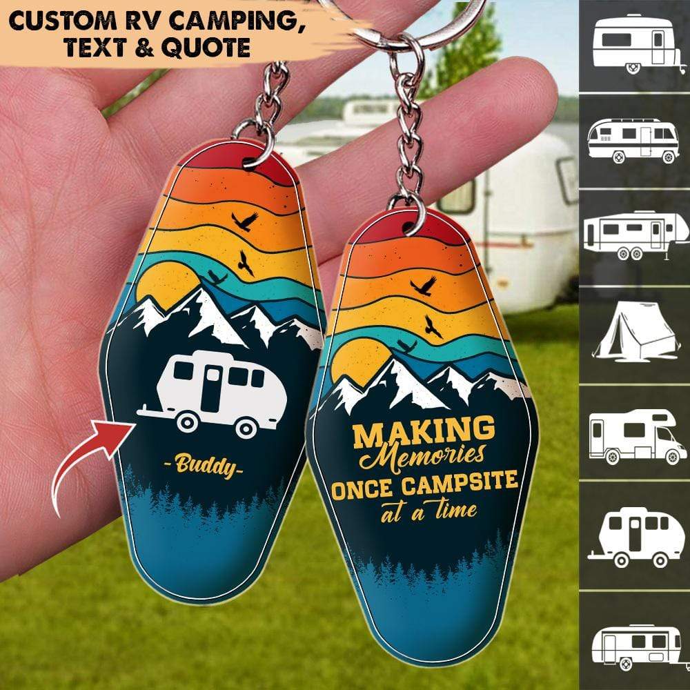 Personalized Retro Sunset Camping Keychain Custom RV Camping