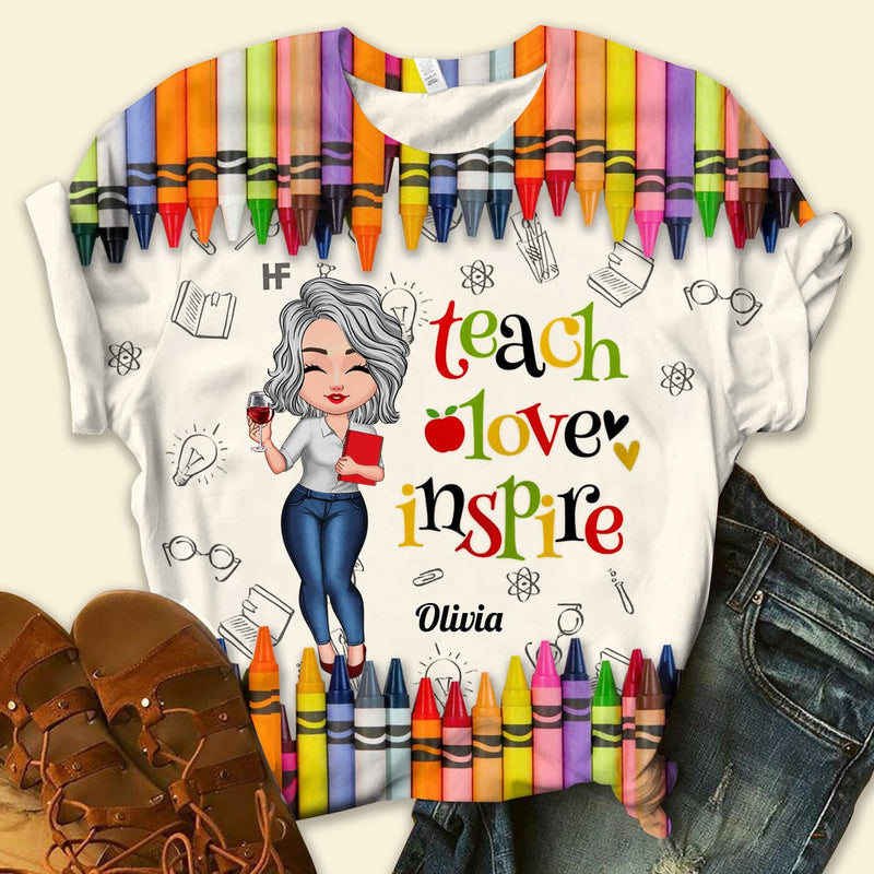 Personalized Colorful Crayon Teach Love Inspire Cute Pretty Doll Teacher  3D T-shirt